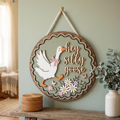 Funny Silly Goose Door Hanger, Whimsical Welcome Front Door Sign, Cute Porch Decor, 3D Layered Wood Sign,Mother’s Day Gift,Housewarming Gift