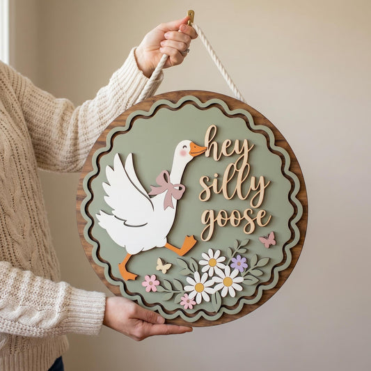 Funny Silly Goose Door Hanger, Whimsical Welcome Front Door Sign, Cute Porch Decor, 3D Layered Wood Sign,Mother’s Day Gift,Housewarming Gift
