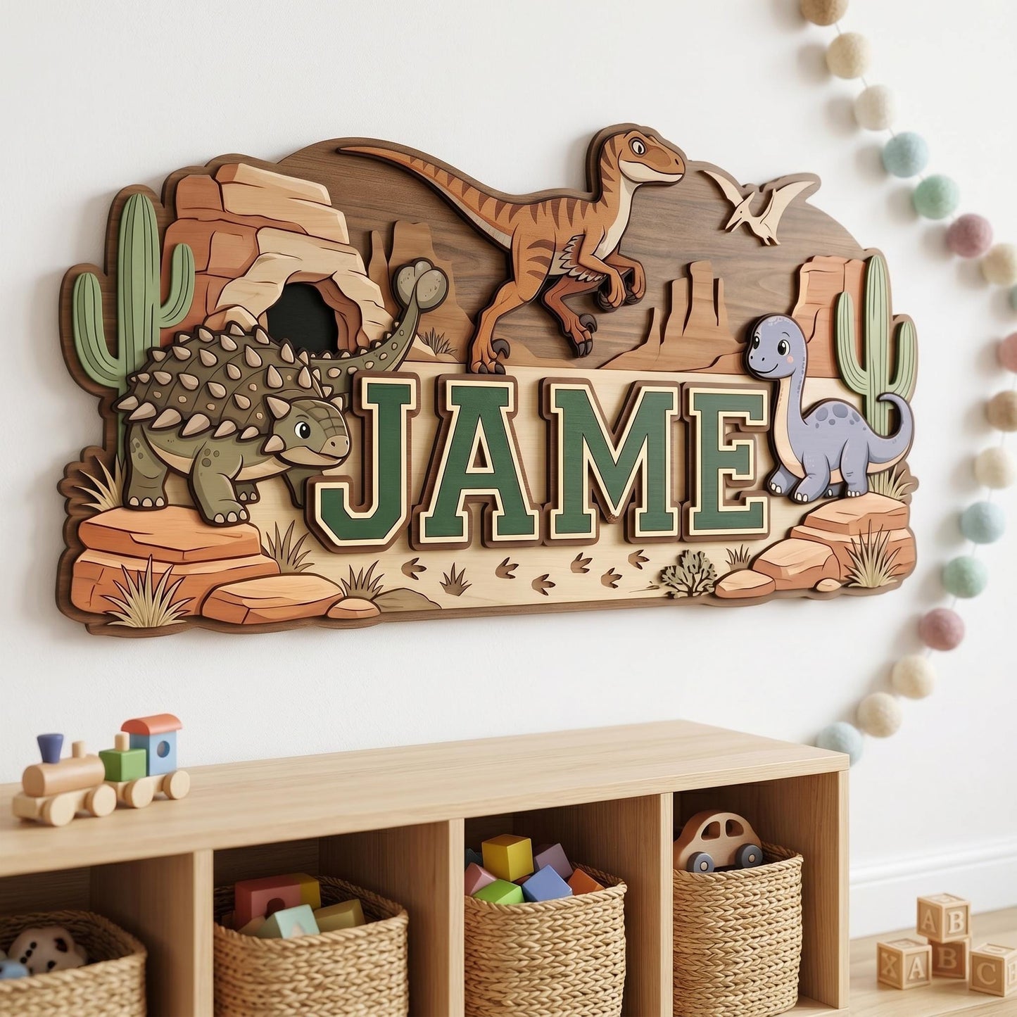 Personalized Dinosaur Name Sign for Boys Room, 3D Wooden Baby Name Sign, Custom Dino Nursery Decor, T-Rex Wood Wall Art, Newborn Baby Gift