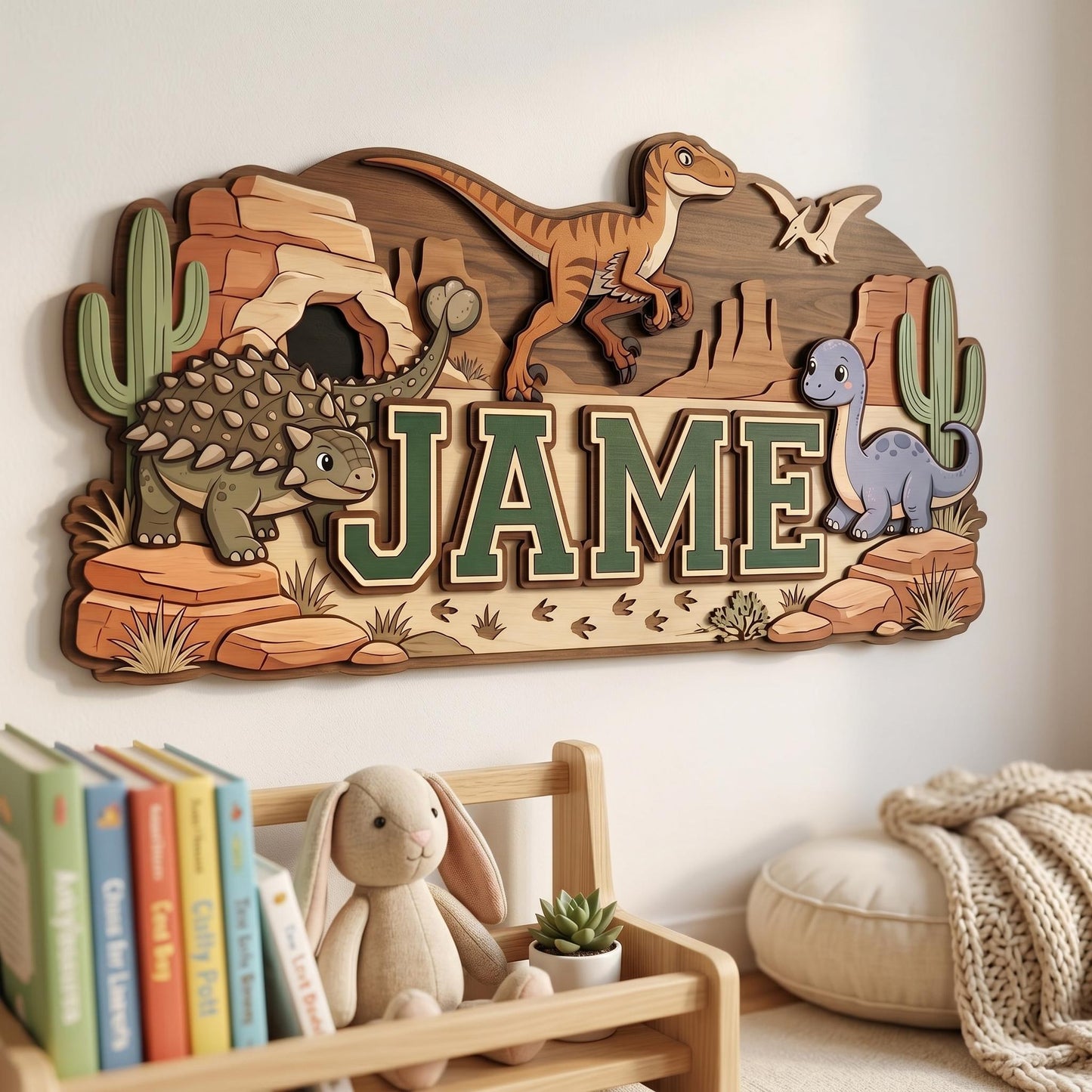 Personalized Dinosaur Name Sign for Boys Room, 3D Wooden Baby Name Sign, Custom Dino Nursery Decor, T-Rex Wood Wall Art, Newborn Baby Gift