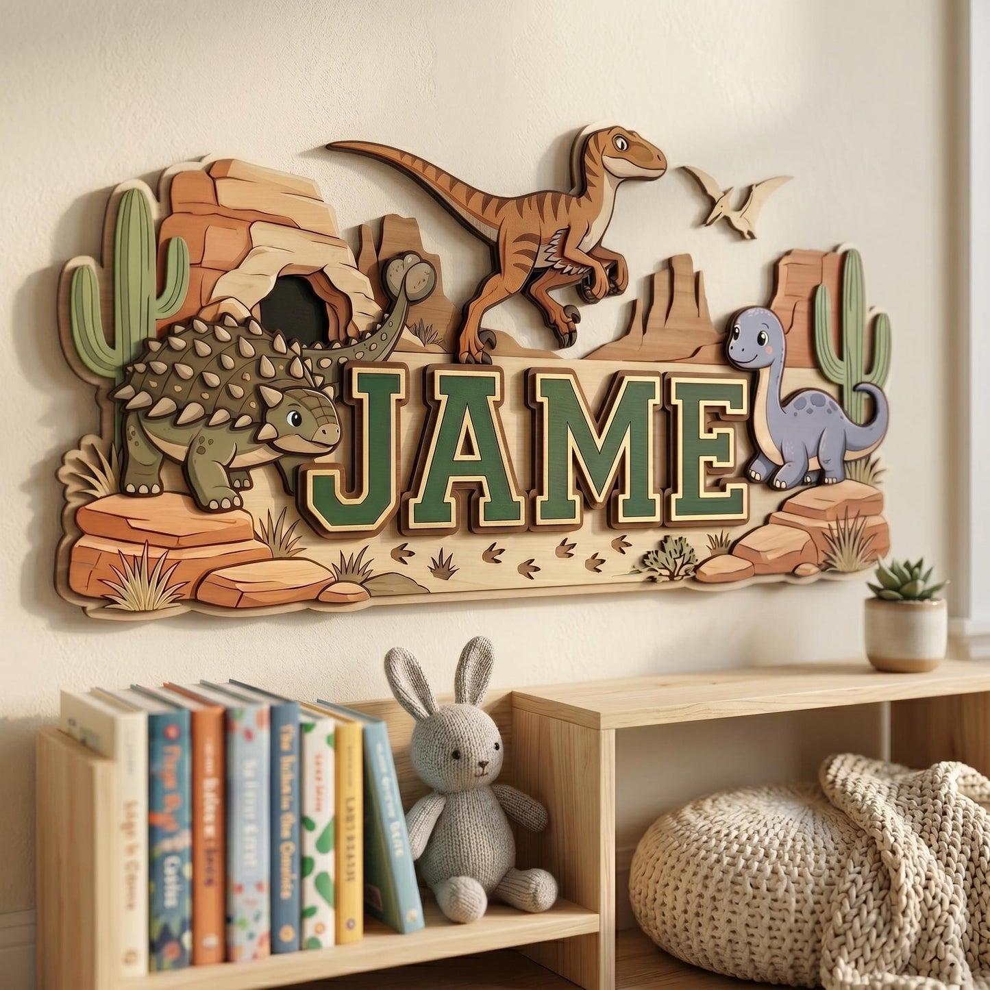 Personalized Dinosaur Name Sign for Boys Room, 3D Wooden Baby Name Sign, Custom Dino Nursery Decor, T-Rex Wood Wall Art, Newborn Baby Gift
