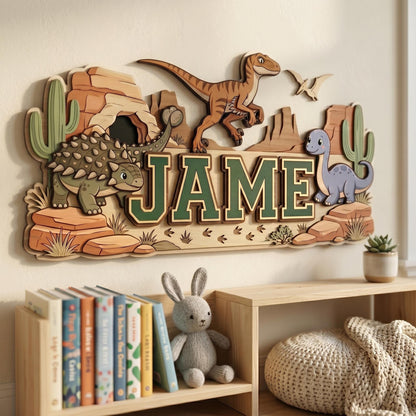 Personalized Dinosaur Name Sign for Boys Room, 3D Wooden Baby Name Sign, Custom Dino Nursery Decor, T-Rex Wood Wall Art, Newborn Baby Gift