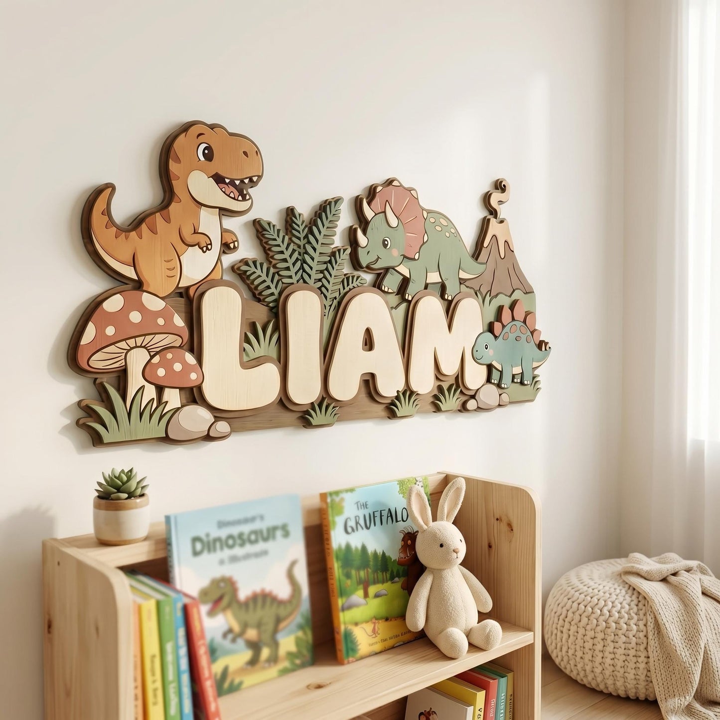 Personalized Dinosaur Name Sign for Boys Room, 3D Wooden Baby Name Sign, Custom Dino Nursery Decor, T-Rex Wood Wall Art, Newborn Baby Gift