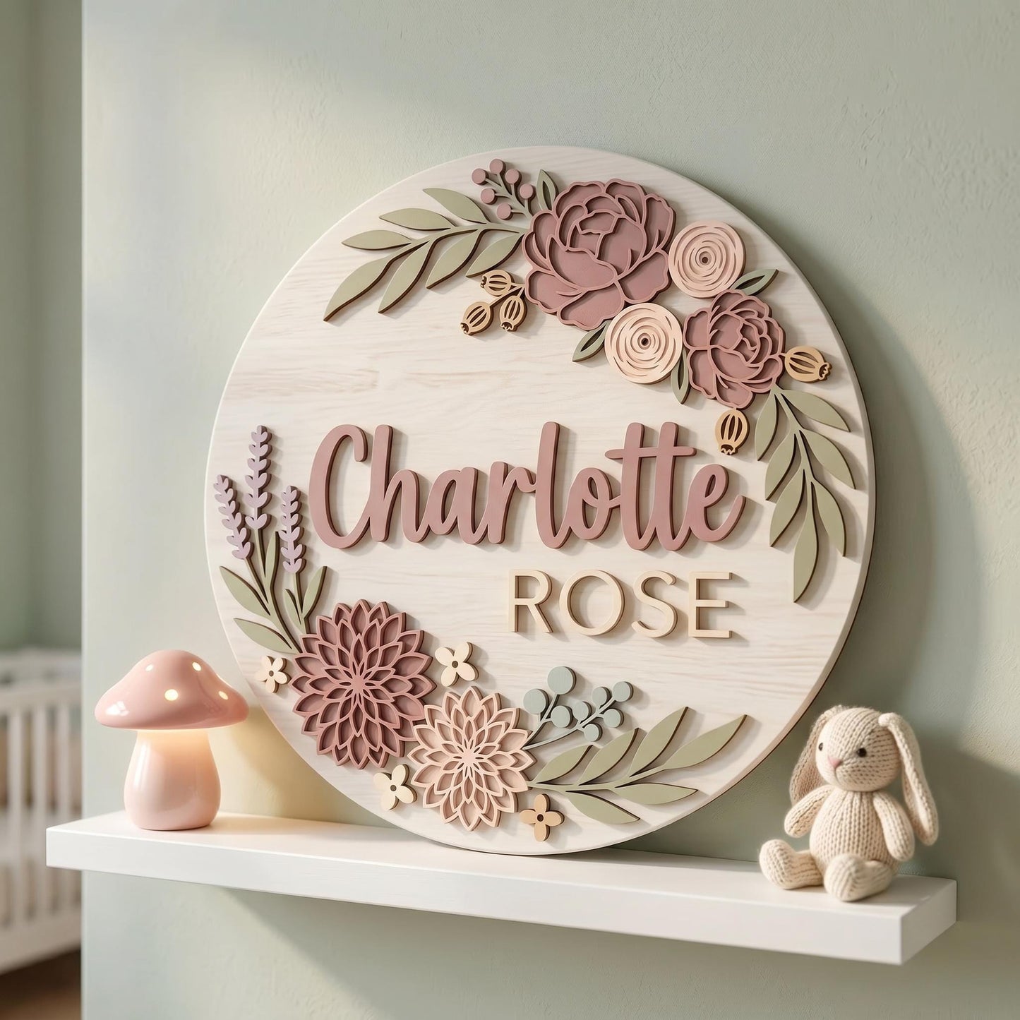 Personalized Baby Girl Nursery Door Sign, Custom Name Wooden Round Sign, Garden Rose Floral Wall Decor, Baby Shower Gift, Newborn Room Art
