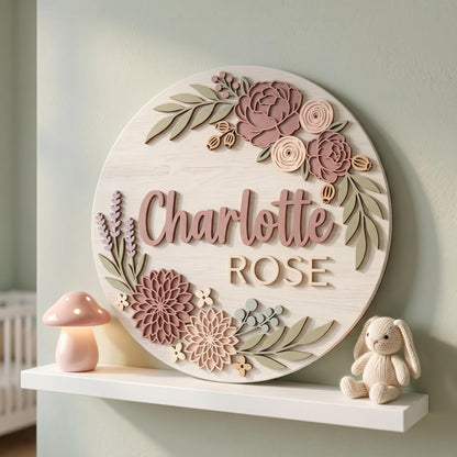 Personalized Baby Girl Nursery Door Sign, Custom Name Wooden Round Sign, Garden Rose Floral Wall Decor, Baby Shower Gift, Newborn Room Art