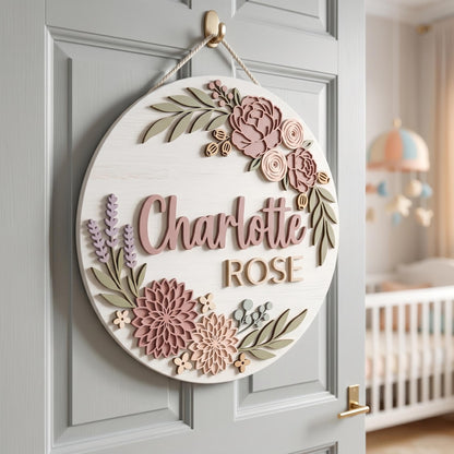 Personalized Baby Girl Nursery Door Sign, Custom Name Wooden Round Sign, Garden Rose Floral Wall Decor, Baby Shower Gift, Newborn Room Art