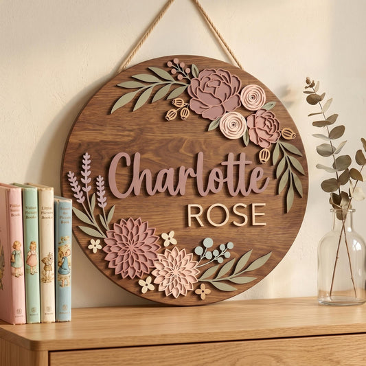 Personalized Baby Girl Nursery Door Sign, Custom Name Wooden Round Sign, Garden Rose Floral Wall Decor, Baby Shower Gift, Newborn Room Art