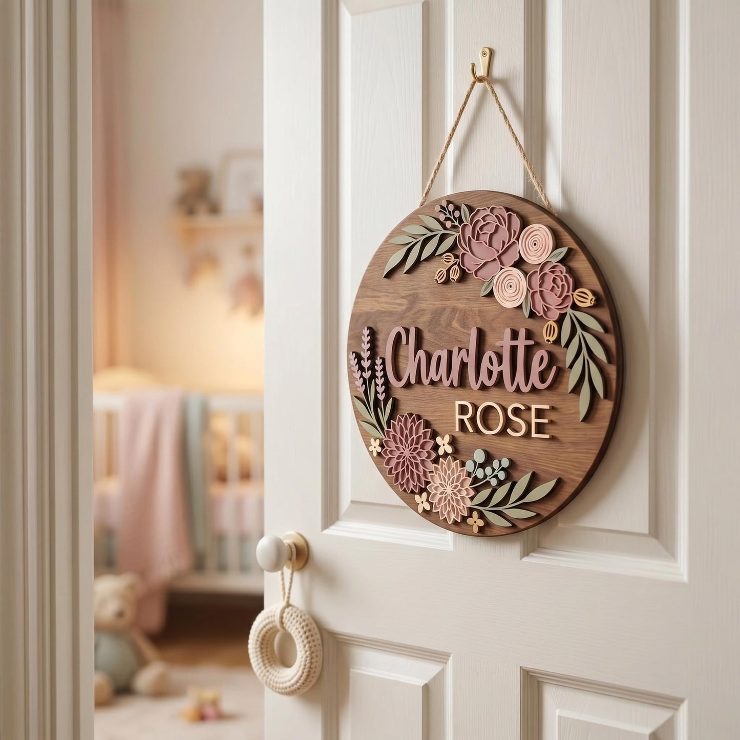 Personalized Baby Girl Nursery Door Sign, Custom Name Wooden Round Sign, Garden Rose Floral Wall Decor, Baby Shower Gift, Newborn Room Art