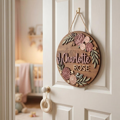 Personalized Baby Girl Nursery Door Sign, Custom Name Wooden Round Sign, Garden Rose Floral Wall Decor, Baby Shower Gift, Newborn Room Art