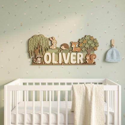 Personalized Woodland Animals Nursery Name Sign, 3D Wood Forest Decor, Custom Boy Room Wall Art, Fox Bear Rabbit Deer Sign, Baby Boy Gift