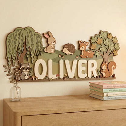Personalized Woodland Animals Nursery Name Sign, 3D Wood Forest Decor, Custom Boy Room Wall Art, Fox Bear Rabbit Deer Sign, Baby Boy Gift