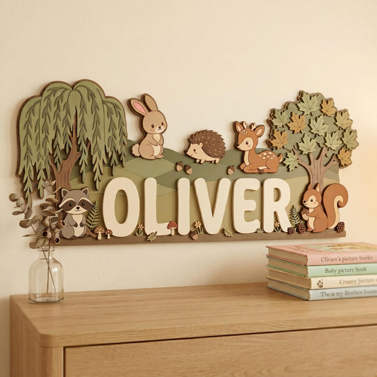 Personalized Woodland Animals Nursery Name Sign, 3D Wood Forest Decor, Custom Boy Room Wall Art, Fox Bear Rabbit Deer Sign, Baby Boy Gift