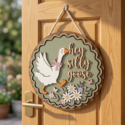 Funny Silly Goose Door Hanger, Whimsical Welcome Front Door Sign, Cute Porch Decor, 3D Layered Wood Sign,Mother’s Day Gift,Housewarming Gift