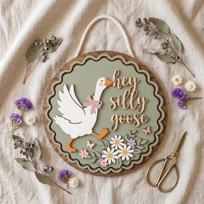 Funny Silly Goose Door Hanger, Whimsical Welcome Front Door Sign, Cute Porch Decor, 3D Layered Wood Sign,Mother’s Day Gift,Housewarming Gift