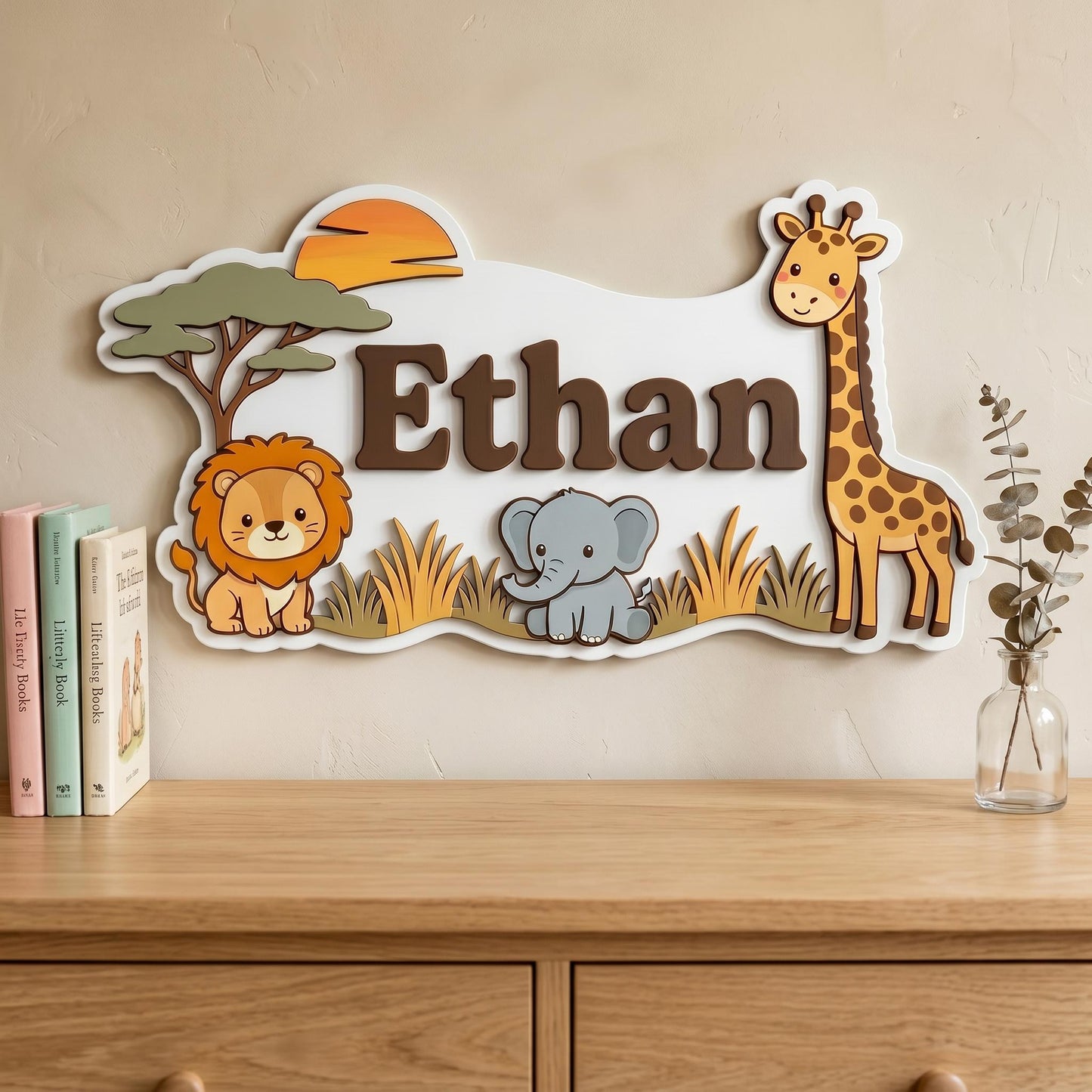 Personalized Safari Nursery Name Sign, 3D Wood Jungle Animal Wall Art, Custom Baby Boy Room Decor, Lion Elephant Giraffe Nursery Gift, Wood