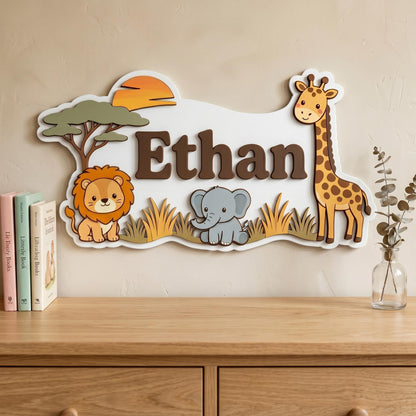 Personalized Safari Nursery Name Sign, 3D Wood Jungle Animal Wall Art, Custom Baby Boy Room Decor, Lion Elephant Giraffe Nursery Gift, Wood