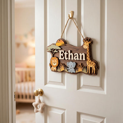 Personalized Safari Nursery Name Sign, 3D Wood Jungle Animal Wall Art, Custom Baby Boy Room Decor, Lion Elephant Giraffe Nursery Gift, Wood