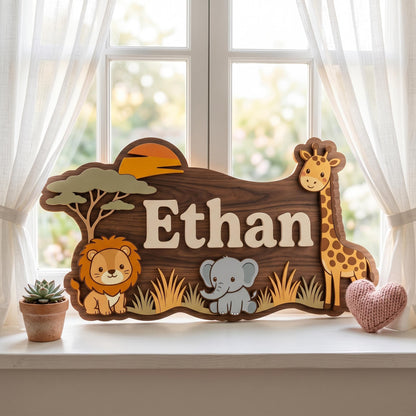 Personalized Safari Nursery Name Sign, 3D Wood Jungle Animal Wall Art, Custom Baby Boy Room Decor, Lion Elephant Giraffe Nursery Gift, Wood