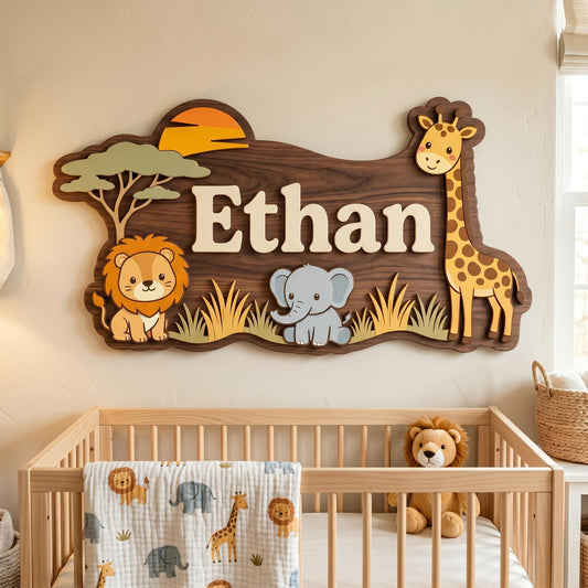 Personalized Safari Nursery Name Sign, 3D Wood Jungle Animal Wall Art, Custom Baby Boy Room Decor, Lion Elephant Giraffe Nursery Gift, Wood