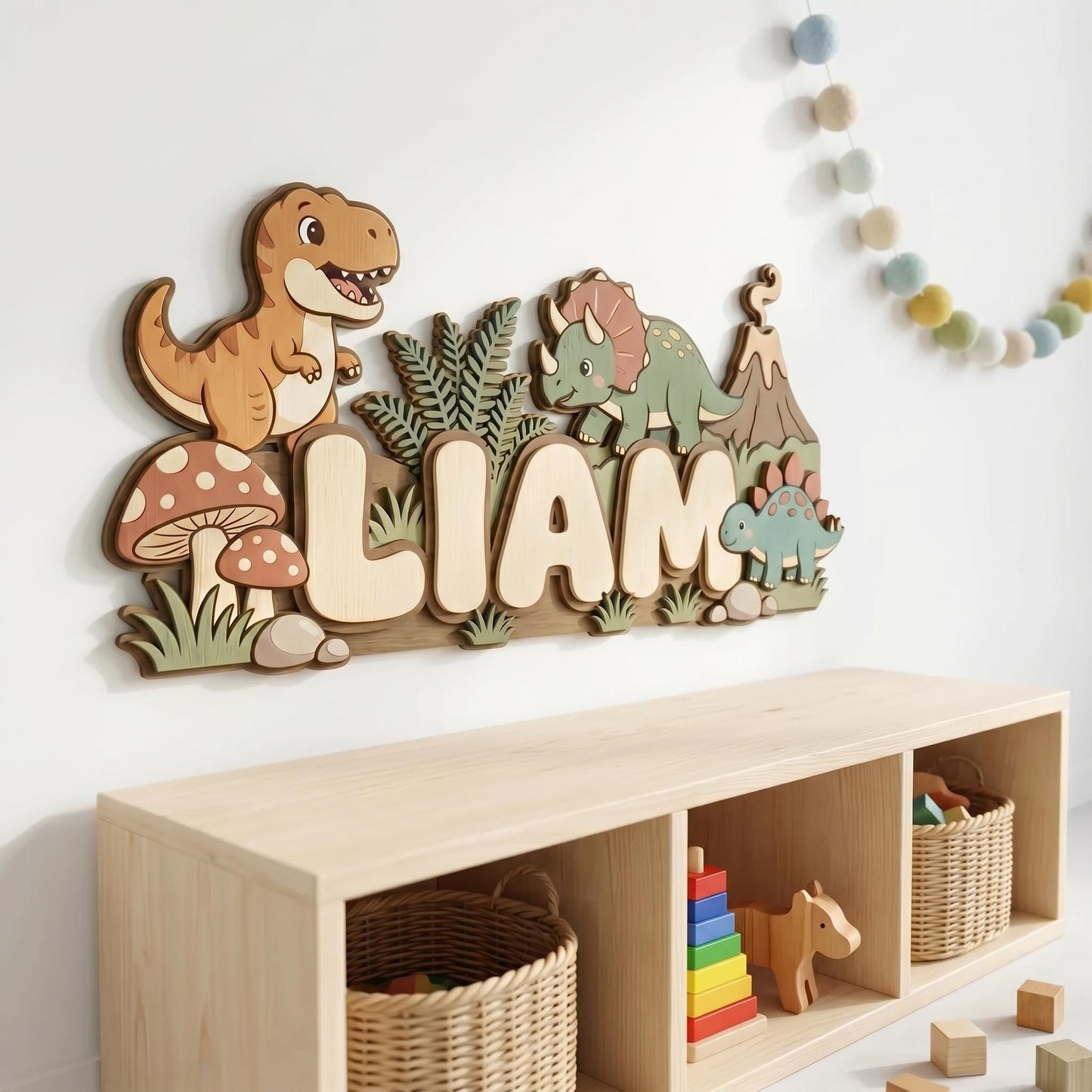 Personalized Dinosaur Name Sign for Boys Room, 3D Wooden Baby Name Sign, Custom Dino Nursery Decor, T-Rex Wood Wall Art, Newborn Baby Gift