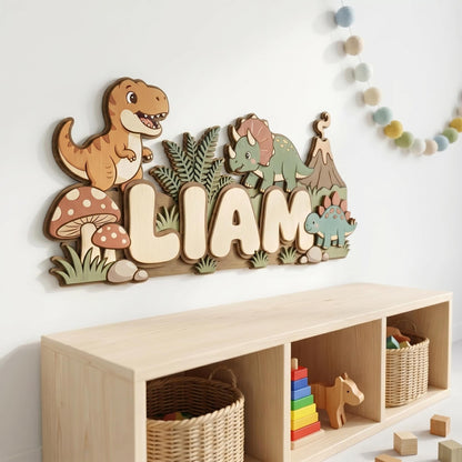 Personalized Dinosaur Name Sign for Boys Room, 3D Wooden Baby Name Sign, Custom Dino Nursery Decor, T-Rex Wood Wall Art, Newborn Baby Gift