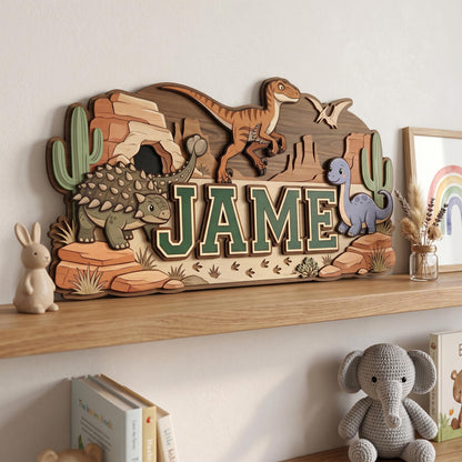 Personalized Dinosaur Name Sign for Boys Room, 3D Wooden Baby Name Sign, Custom Dino Nursery Decor, T-Rex Wood Wall Art, Newborn Baby Gift