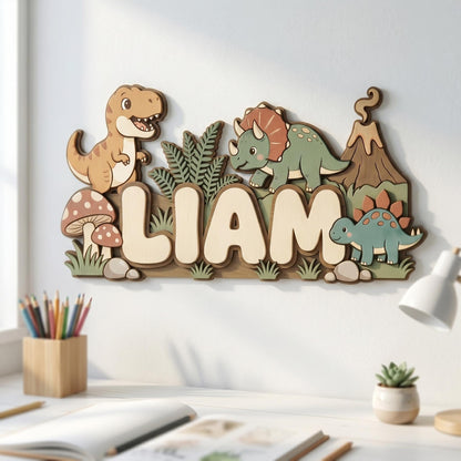 Personalized Dinosaur Name Sign for Boys Room, 3D Wooden Baby Name Sign, Custom Dino Nursery Decor, T-Rex Wood Wall Art, Newborn Baby Gift