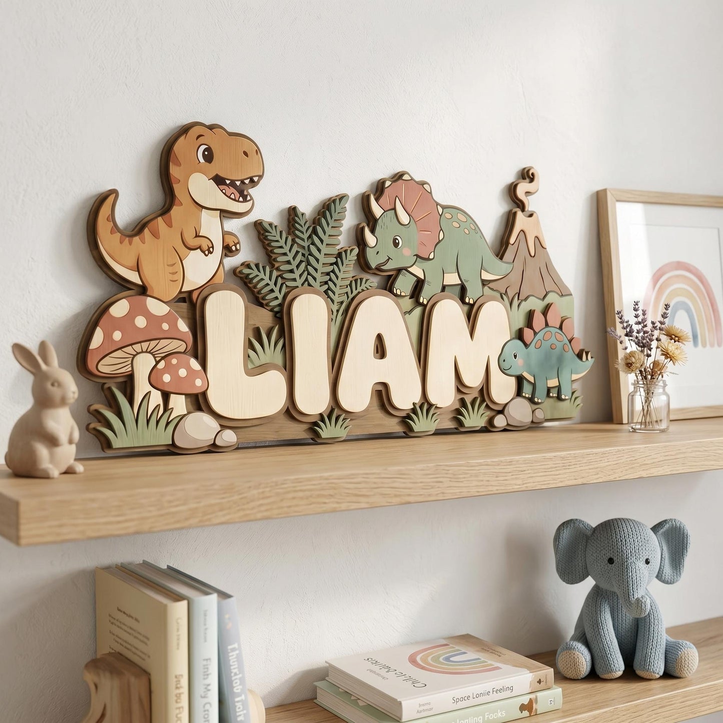Personalized Dinosaur Name Sign for Boys Room, 3D Wooden Baby Name Sign, Custom Dino Nursery Decor, T-Rex Wood Wall Art, Newborn Baby Gift