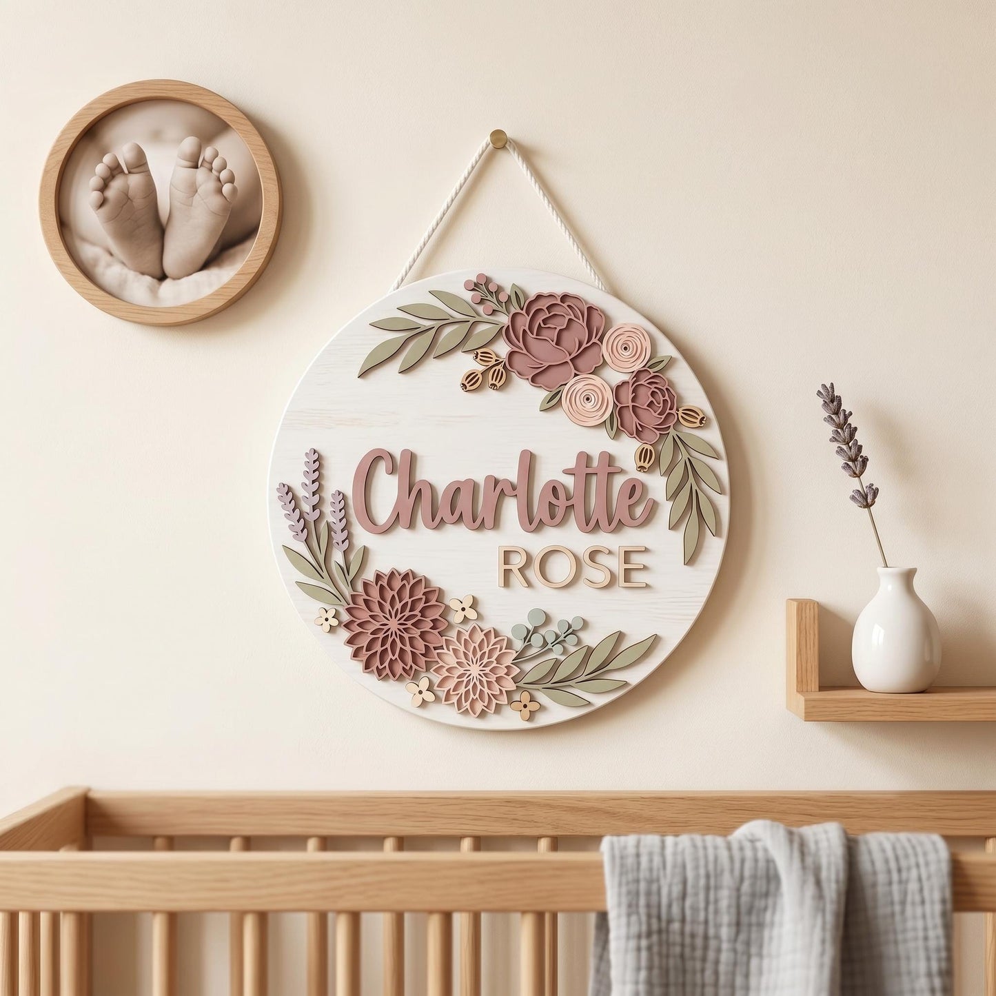 Personalized Baby Girl Nursery Door Sign, Custom Name Wooden Round Sign, Garden Rose Floral Wall Decor, Baby Shower Gift, Newborn Room Art