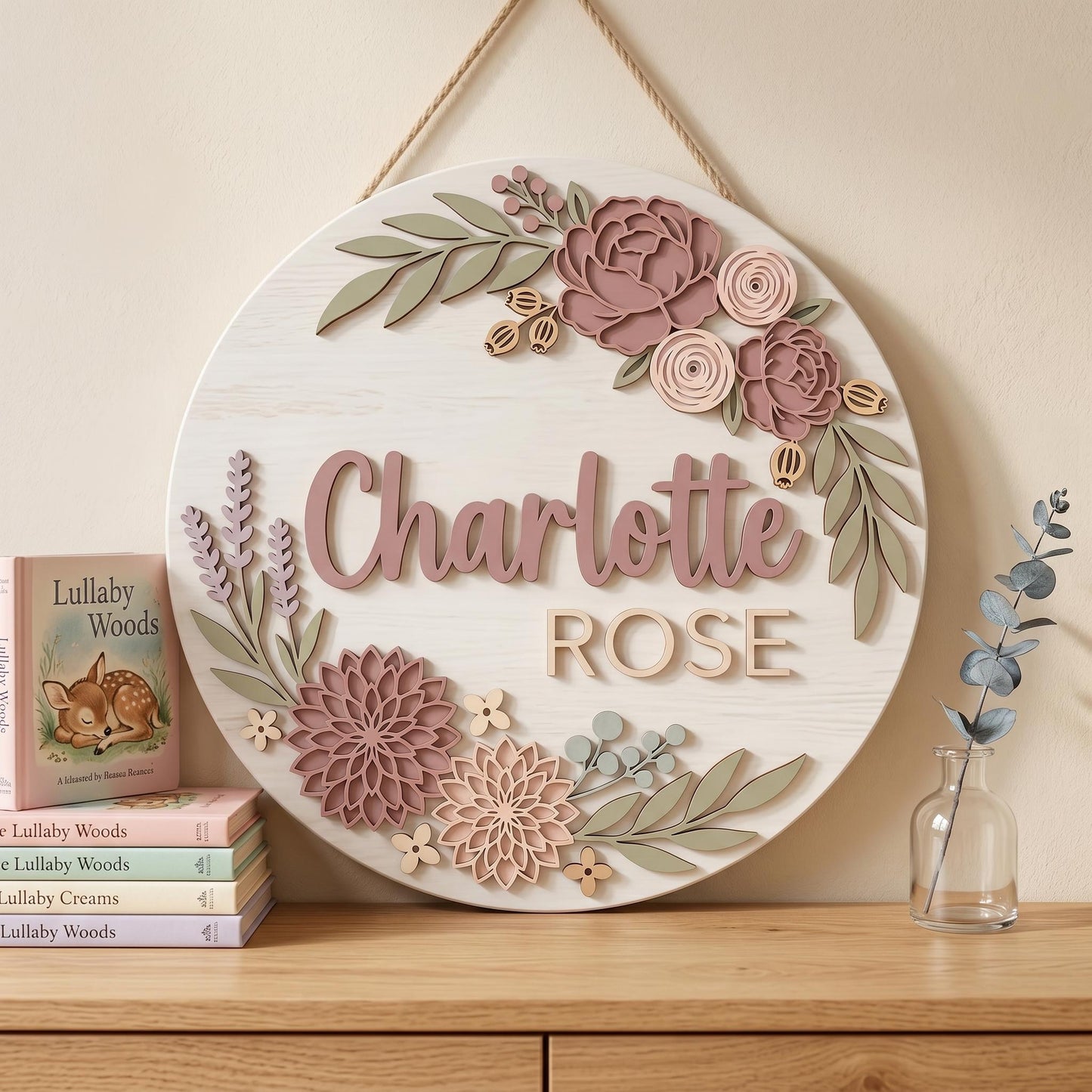 Personalized Baby Girl Nursery Door Sign, Custom Name Wooden Round Sign, Garden Rose Floral Wall Decor, Baby Shower Gift, Newborn Room Art