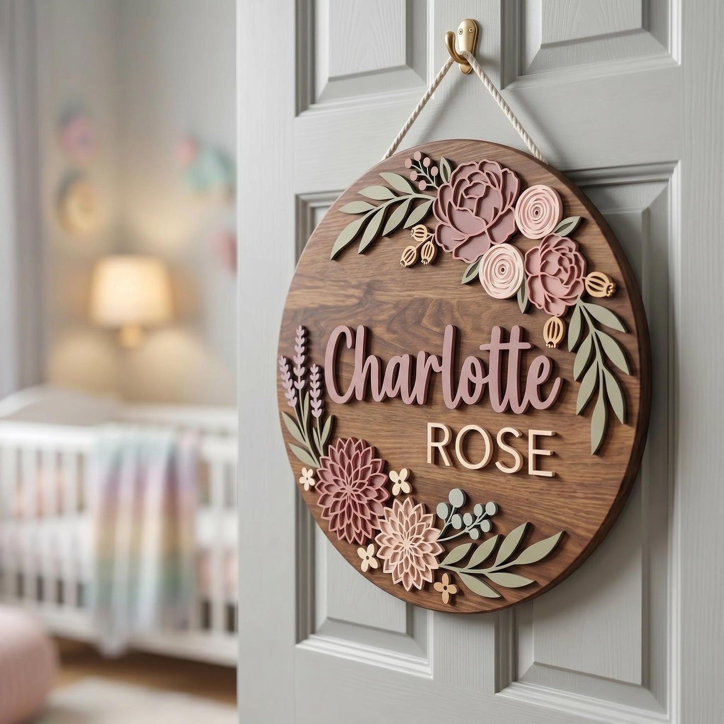 Personalized Baby Girl Nursery Door Sign, Custom Name Wooden Round Sign, Garden Rose Floral Wall Decor, Baby Shower Gift, Newborn Room Art