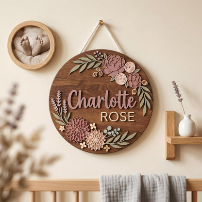 Personalized Baby Girl Nursery Door Sign, Custom Name Wooden Round Sign, Garden Rose Floral Wall Decor, Baby Shower Gift, Newborn Room Art