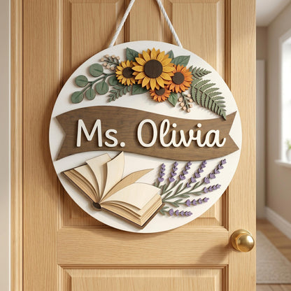 Personalized Teacher Classroom Name Sign, 3D Wood Floral Door Decor, Custom Teacher Appreciation Gift, Book Lover Wall Art, Flower Decor