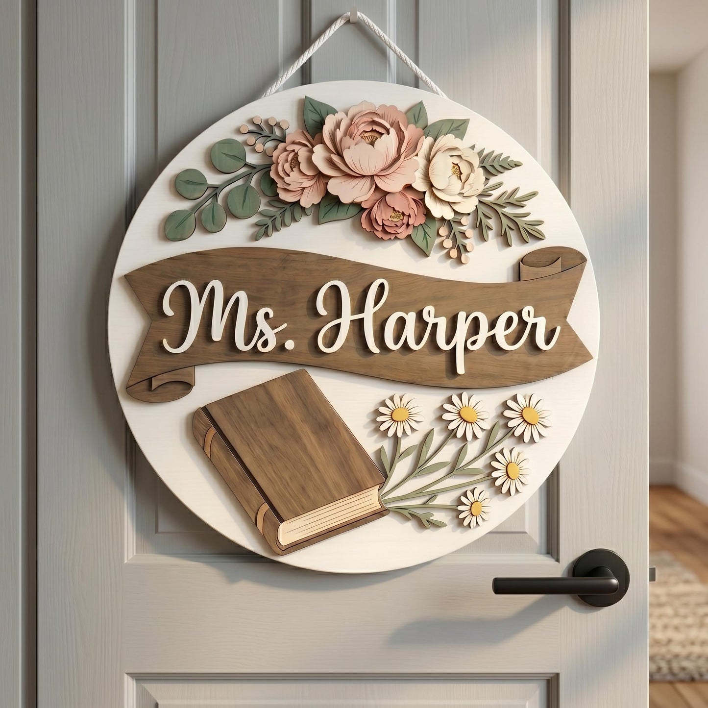 Personalized Teacher Classroom Name Sign, 3D Wood Floral Door Decor, Custom Teacher Appreciation Gift, Book Lover Wall Art, Flower Decor