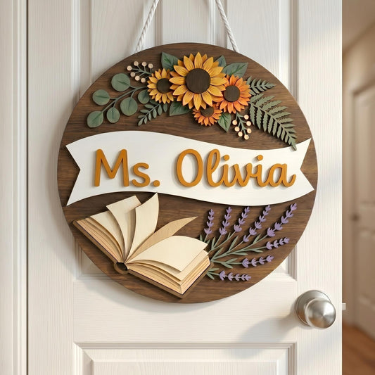 Personalized Teacher Classroom Name Sign, 3D Wood Floral Door Decor, Custom Teacher Appreciation Gift, Book Lover Wall Art, Flower Decor