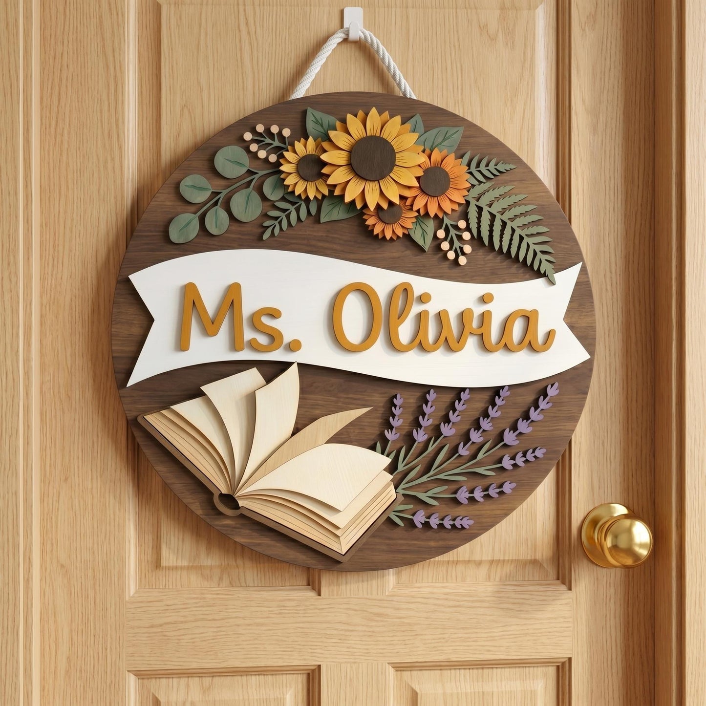 Personalized Teacher Classroom Name Sign, 3D Wood Floral Door Decor, Custom Teacher Appreciation Gift, Book Lover Wall Art, Flower Decor