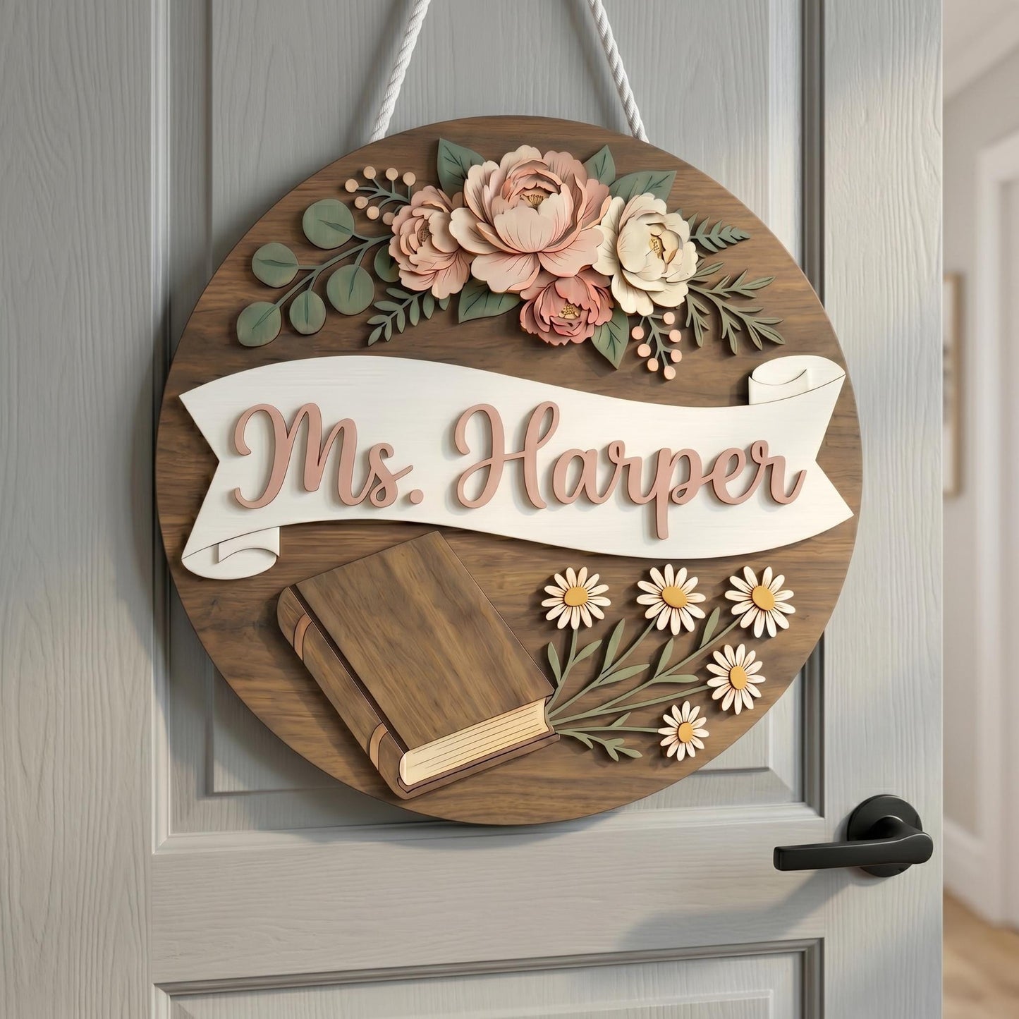 Personalized Teacher Classroom Name Sign, 3D Wood Floral Door Decor, Custom Teacher Appreciation Gift, Book Lover Wall Art, Flower Decor