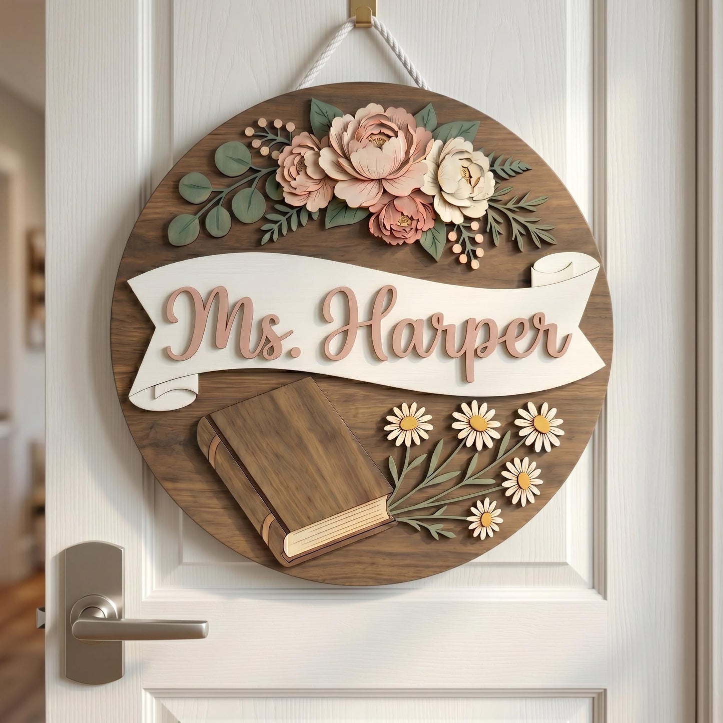Personalized Teacher Classroom Name Sign, 3D Wood Floral Door Decor, Custom Teacher Appreciation Gift, Book Lover Wall Art, Flower Decor