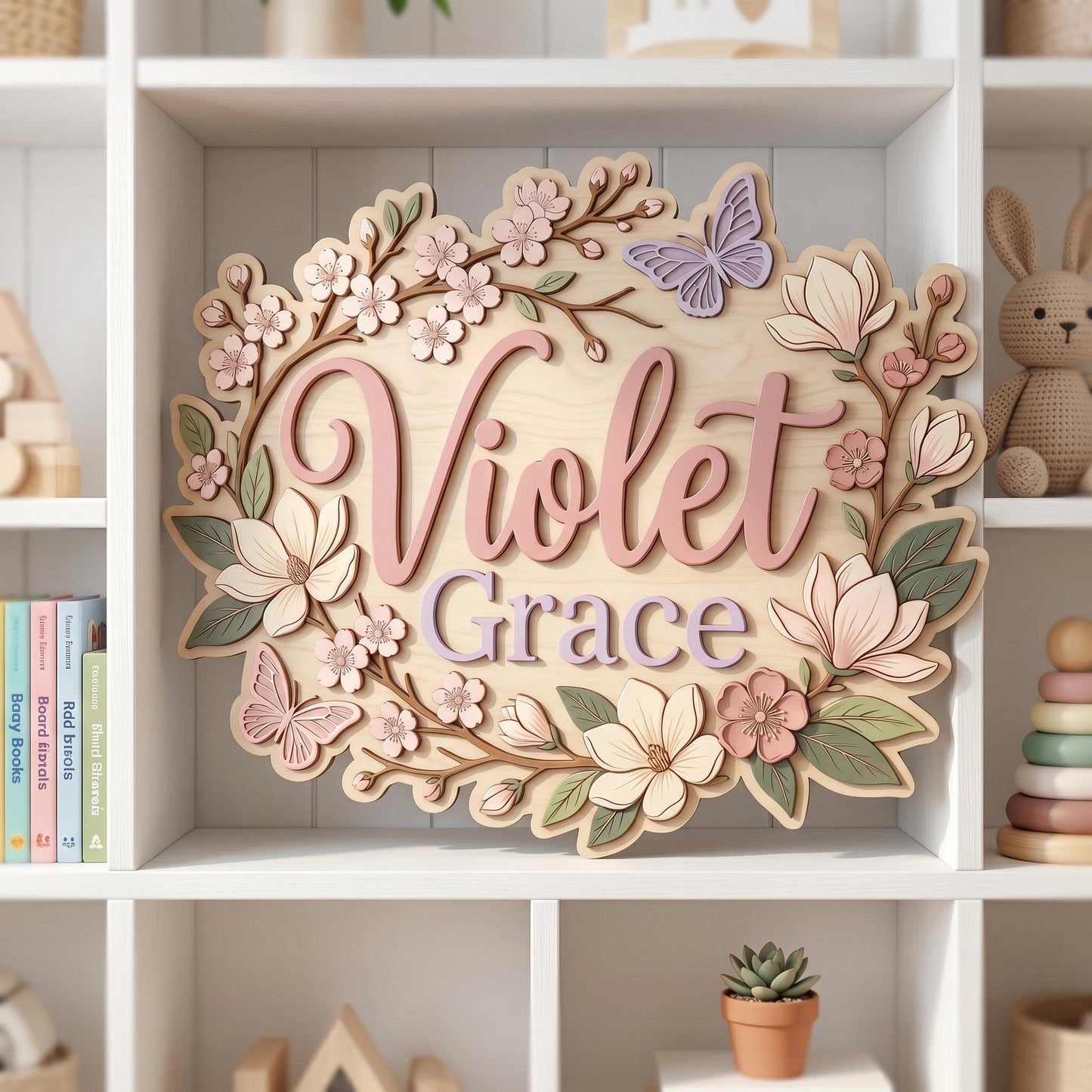 Custom Floral Baby Name Sign, 3D Wood Cherry Blossom Nursery Decor, Personalized Botanical Wall Art, Magnolia Flower Nursery Gift, Wood Sign