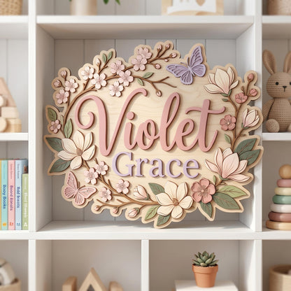Custom Floral Baby Name Sign, 3D Wood Cherry Blossom Nursery Decor, Personalized Botanical Wall Art, Magnolia Flower Nursery Gift, Wood Sign