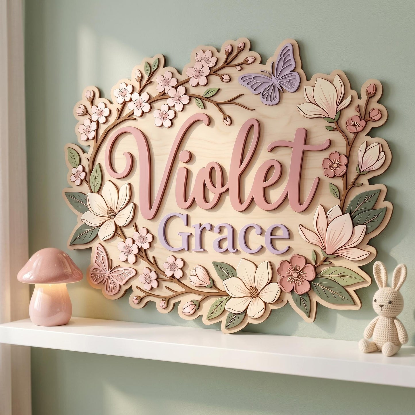 Custom Floral Baby Name Sign, 3D Wood Cherry Blossom Nursery Decor, Personalized Botanical Wall Art, Magnolia Flower Nursery Gift, Wood Sign