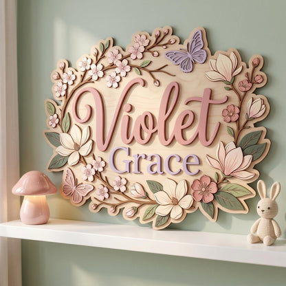 Custom Floral Baby Name Sign, 3D Wood Cherry Blossom Nursery Decor, Personalized Botanical Wall Art, Magnolia Flower Nursery Gift, Wood Sign