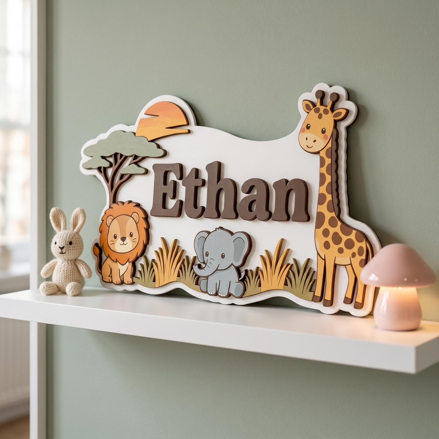 Personalized Safari Nursery Name Sign, 3D Wood Jungle Animal Wall Art, Custom Baby Boy Room Decor, Lion Elephant Giraffe Nursery Gift, Wood