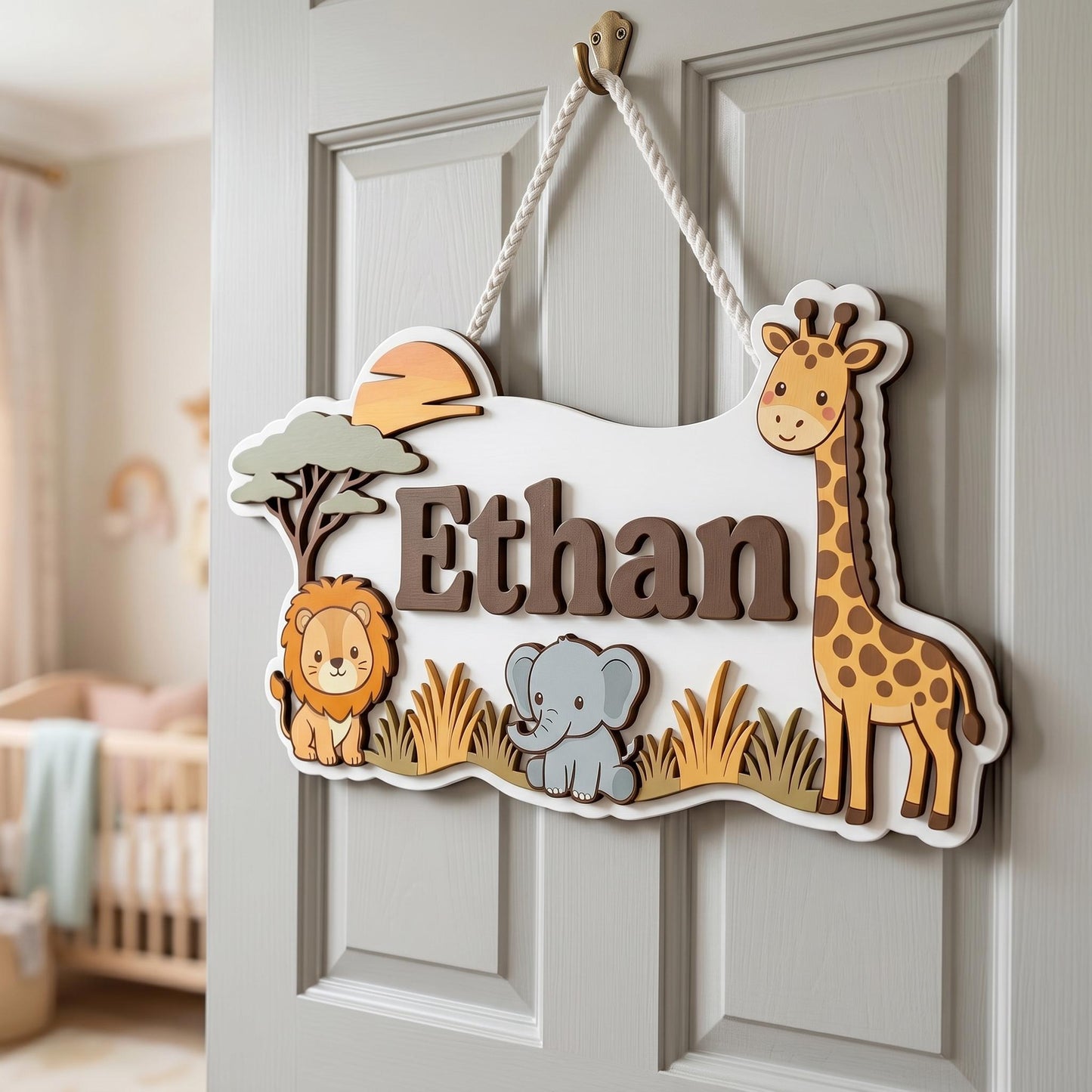 Personalized Safari Nursery Name Sign, 3D Wood Jungle Animal Wall Art, Custom Baby Boy Room Decor, Lion Elephant Giraffe Nursery Gift, Wood