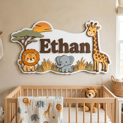 Personalized Safari Nursery Name Sign, 3D Wood Jungle Animal Wall Art, Custom Baby Boy Room Decor, Lion Elephant Giraffe Nursery Gift, Wood