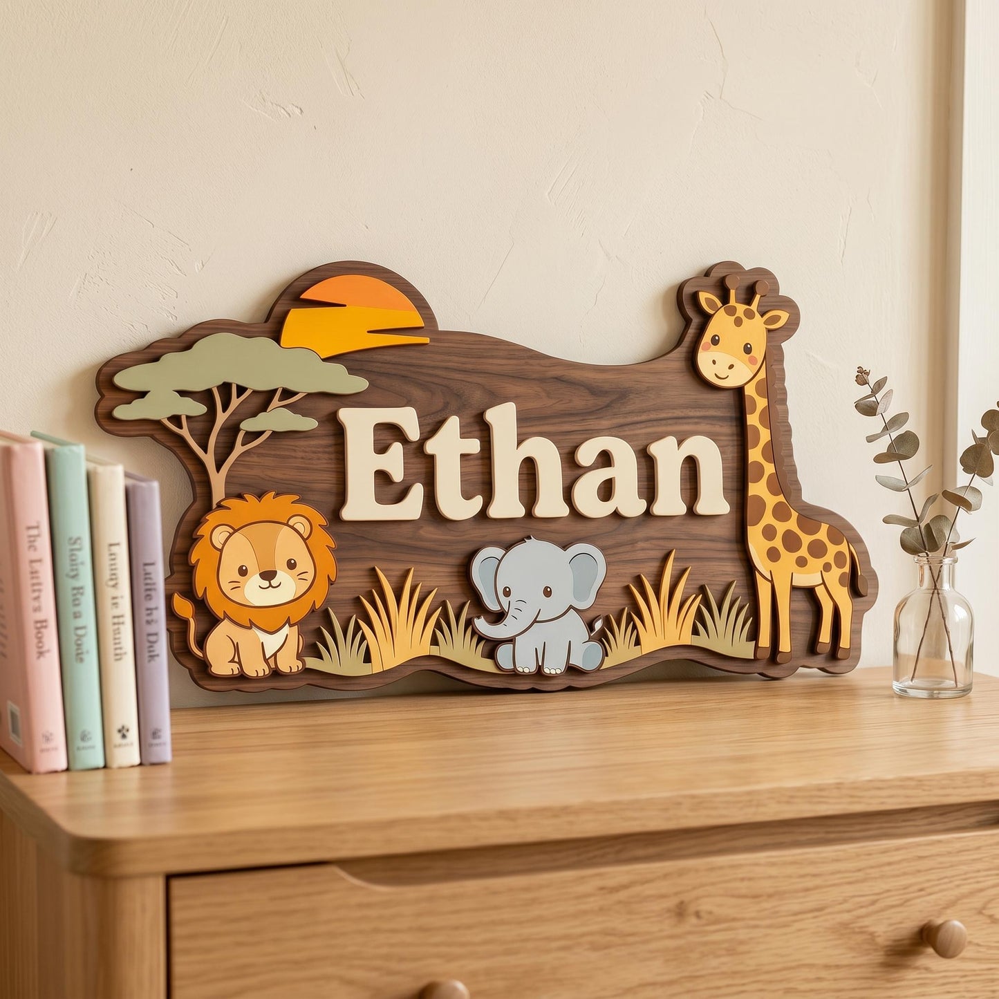 Personalized Safari Nursery Name Sign, 3D Wood Jungle Animal Wall Art, Custom Baby Boy Room Decor, Lion Elephant Giraffe Nursery Gift, Wood