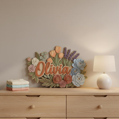 Personalized Wildflower Baby Name Sign, Custom Floral Nursery Decor, Boho Wooden Wall Name Plaque, Baby Girl Shower Gift Decor Wall Art Gift