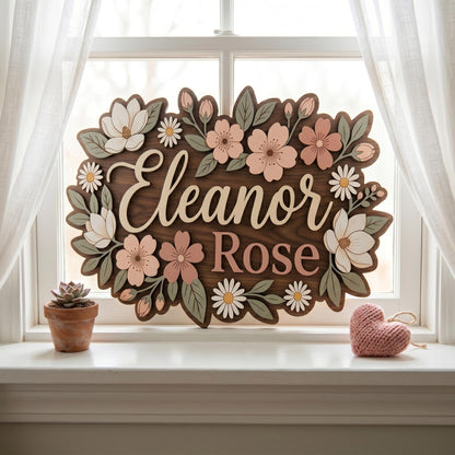 Personalized Wildflower Baby Name Sign, Custom Floral Nursery Decor, Boho Girl Room Wall Art, 3D Wooden Name Plaque Gift for Girl Room Decor