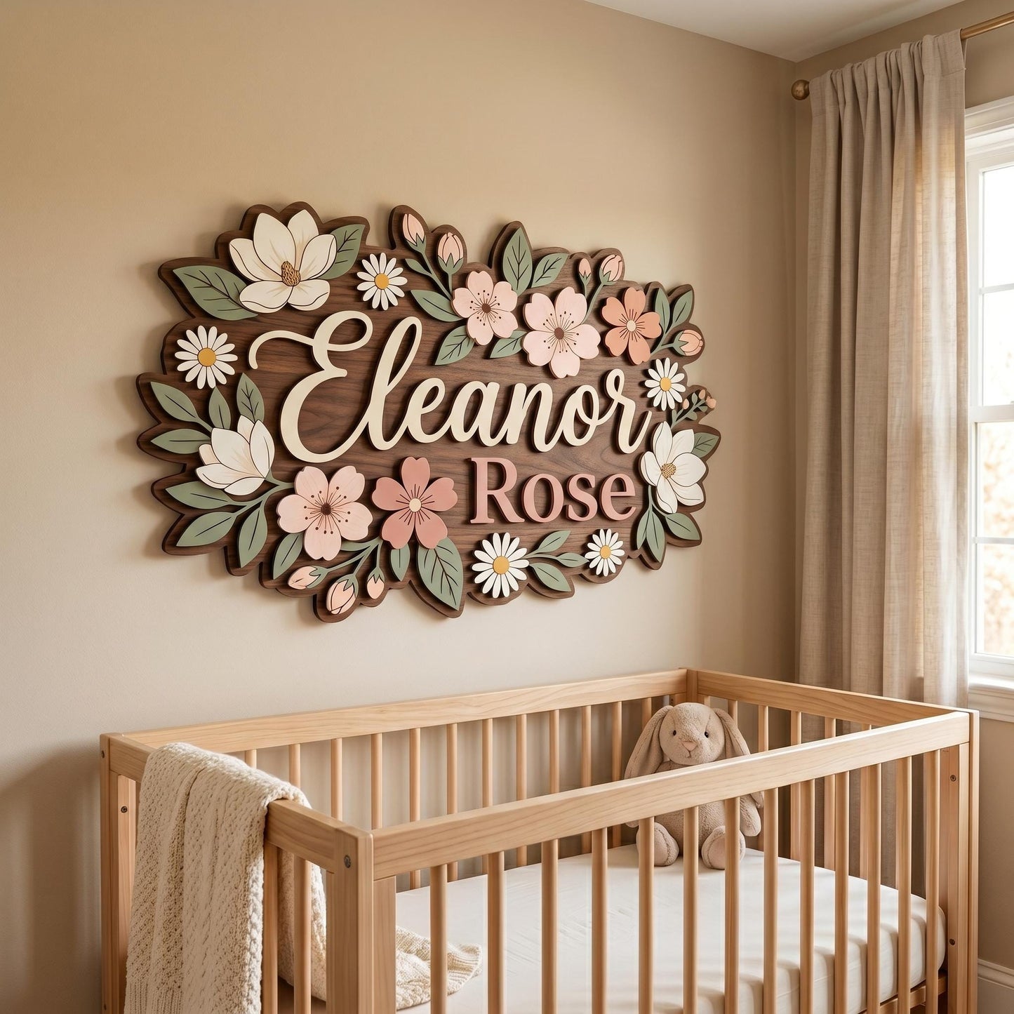 Personalized Wildflower Baby Name Sign, Custom Floral Nursery Decor, Boho Girl Room Wall Art, 3D Wooden Name Plaque Gift for Girl Room Decor