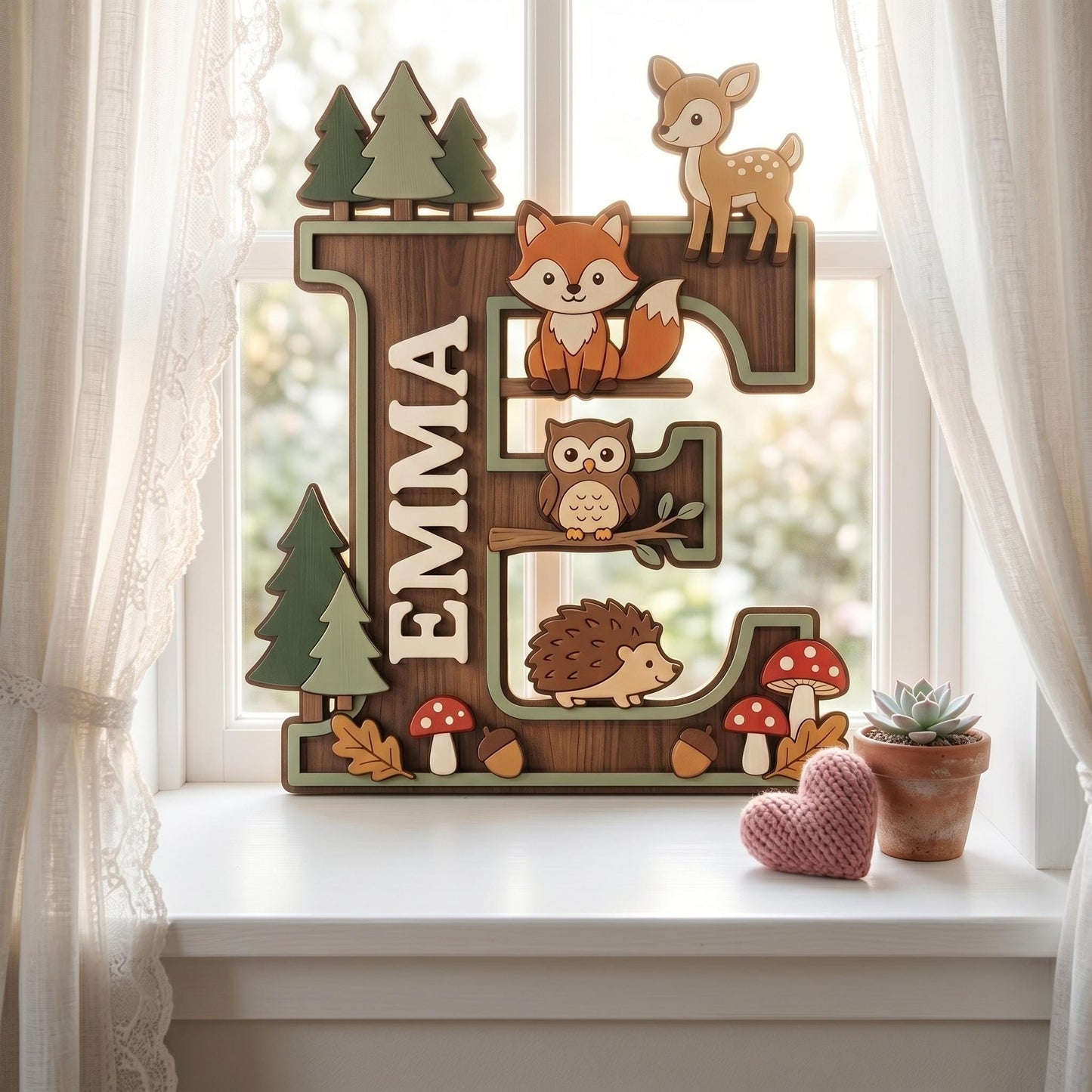Personalized Woodland Nursery Monogram Sign, 3D Wood Initial Letter Decor, Custom Baby Door Hanger, Forest Wilderness Kids Wall Art, Gift